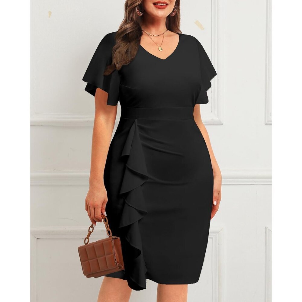 Plus Size Cocktail Dress Women Ruffle Bodycon Wedding Church Vintage - Picture 5 of 6